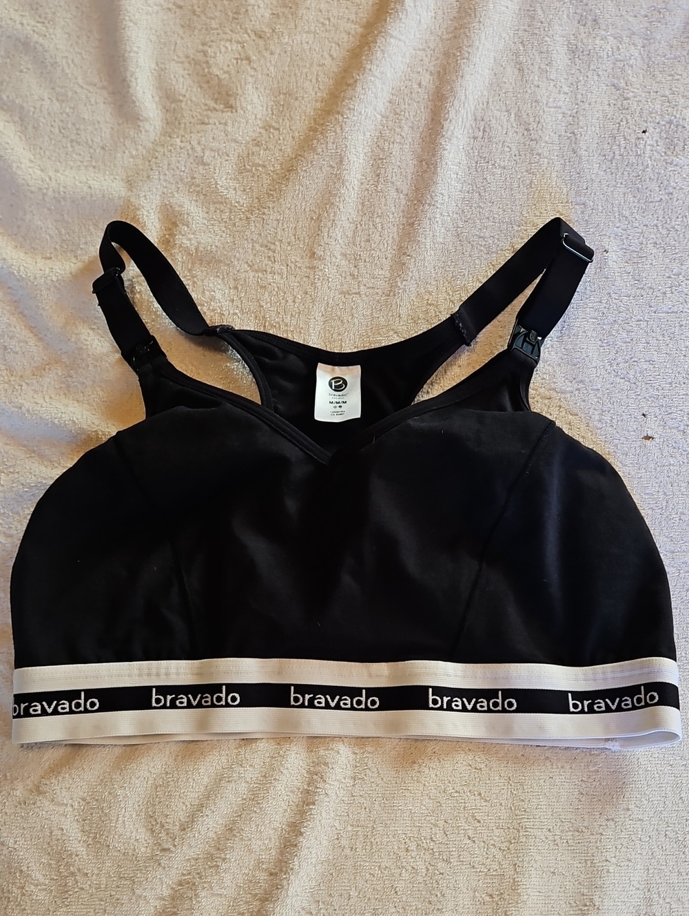 Bravado Designs wire-free nursing bra features white text trim along the band-M